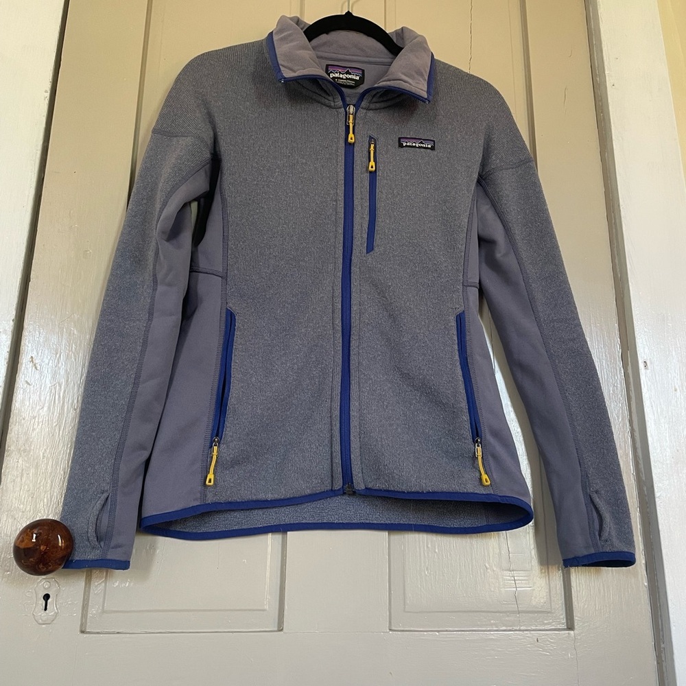 Patagonia Blue Periwinkle and Yellow Ski Jacket Performance Thumb Hole Cute NWOT - Picture 7 of 13
